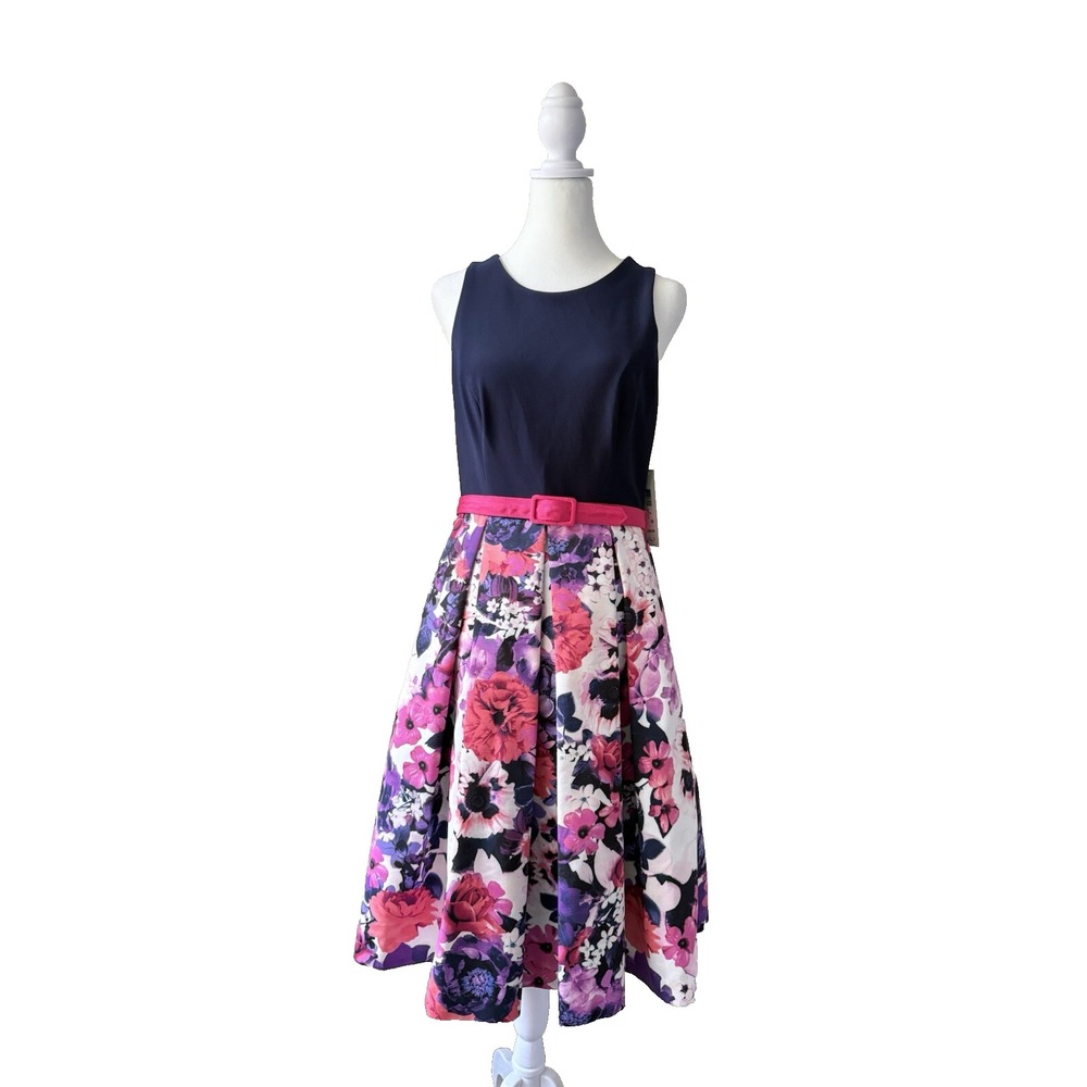 Eliza J Fit and Flare Dress Women 6 Navy Pink Floral Belted Party Wedding Guest